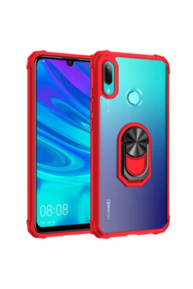 CEPCASE    Huawei Y6 2019 Uyumlu Yüzüklü Standlı Manetik Şeffaf Tam Koruma Kılıf