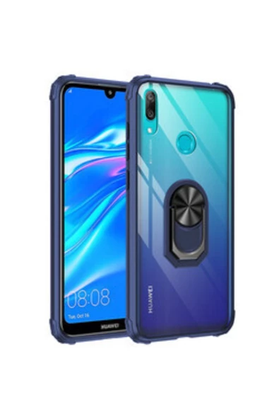 CEPCASE    Huawei Y7 Prime 2019 Uyumlu Yüzüklü Standlı Manetik Şeffaf Tam Koruma