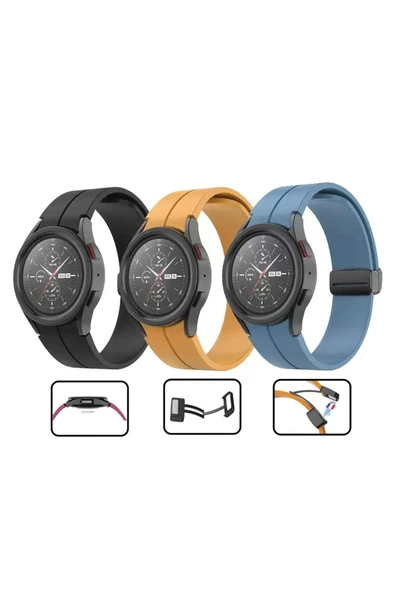 CEPCASE    Samsung Galaxy Watch 4 44mm Koron/Kayış Çizgili Tasarım Metal Toka Esnek Sağlam Silikon Kordon - Resim 3