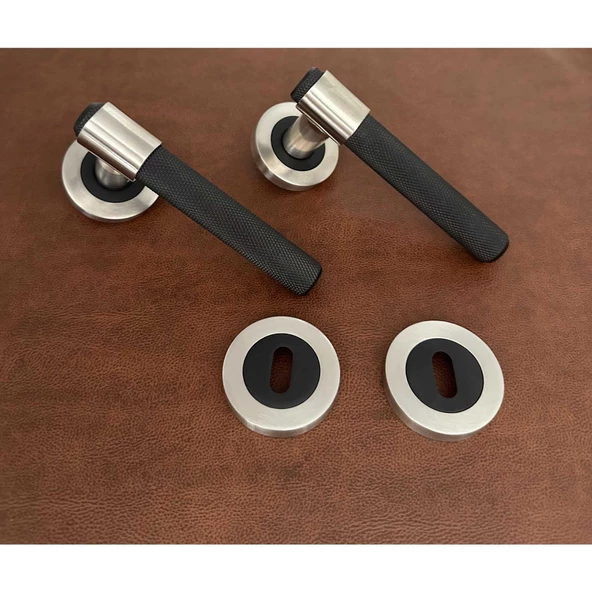 Punch Zamak Mat Siyah İnox Rozetli Oda Kapı Kolu 1 Takım - Resim 2