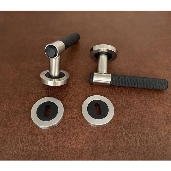 Punch Zamak Mat Siyah İnox Rozetli Oda Kapı Kolu 1 Takım - Resim 5