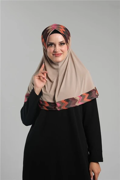 Bej Pratik Hazır Geçmeli Tesettür Eşarp Sandy Renkli Desenli Fileli 2401_12 - Resim 2