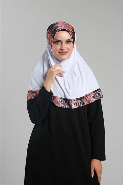 Beyaz Pratik Hazır Geçmeli Tesettür Eşarp Sandy Renkli Desenli Fileli 2401_42 ürün görseli 1