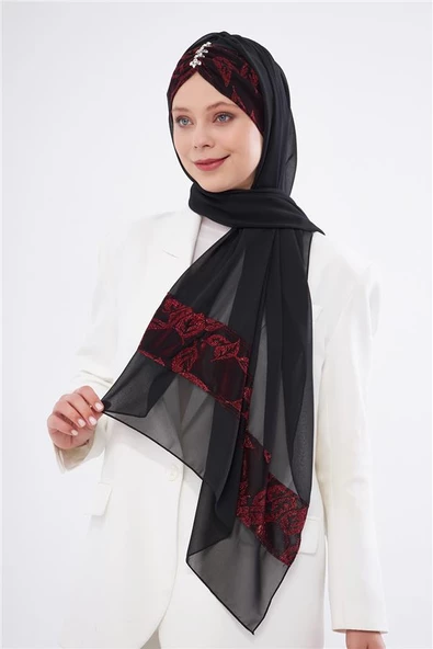 Bordo Taşlı Arkadan Bağlamalı Şal Şifon Çiçek Desenli 2319_16 - Resim 4