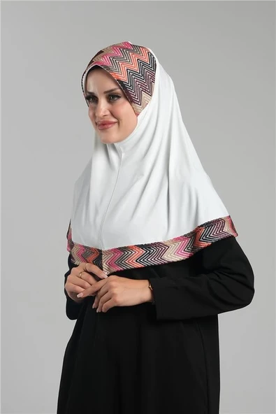Krem Pratik Hazır Geçmeli Tesettür Eşarp Sandy Renkli Desenli Fileli 2401_40 - Resim 2