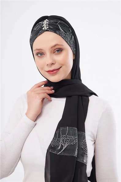 Gri Taşlı Arkadan Bağlamalı Şal Şifon Çiçek Desenli 2319_15 - Resim 4