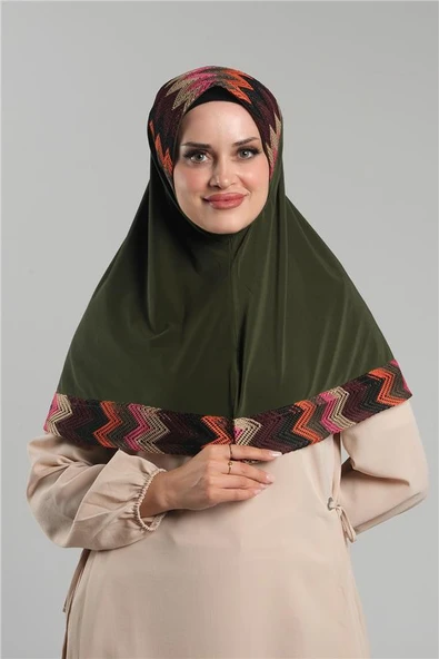 Haki Pratik Hazır Geçmeli Tesettür Eşarp Sandy Renkli Desenli Fileli 2401_09
