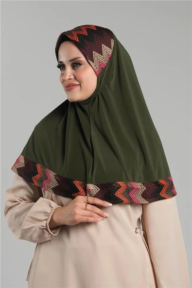 Haki Pratik Hazır Geçmeli Tesettür Eşarp Sandy Renkli Desenli Fileli 2401_09 - Resim 2
