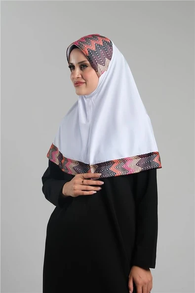 Beyaz Pratik Hazır Geçmeli Tesettür Eşarp Sandy Renkli Desenli Fileli 2401_42 - Resim 2
