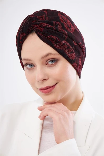 Bordo Simli Büzgülü Tesettür Bone Jakar Çiçek Desenli 2317_16 ürün görseli 1