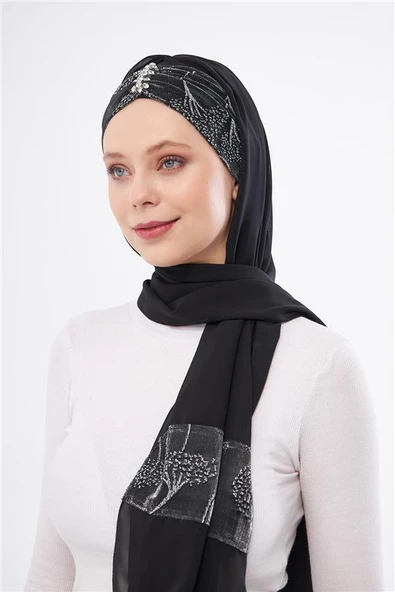 Gri Taşlı Arkadan Bağlamalı Şal Şifon Çiçek Desenli 2319_15 ürün görseli 1