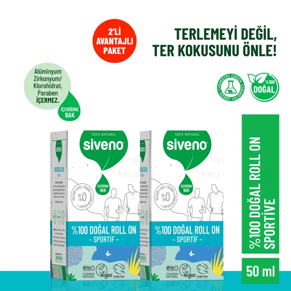 Siveno %100 Doğal Roll-On Sportif Sporcu Deodorant Ter Kokusu Önleyici Bitkisel Lekesiz 50 ml X2 Adet