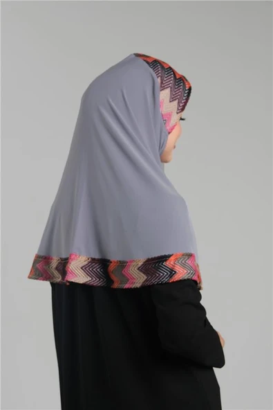 Gri Pratik Hazır Geçmeli Tesettür Eşarp Sandy Renkli Desenli Fileli 2401_15 - Resim 3