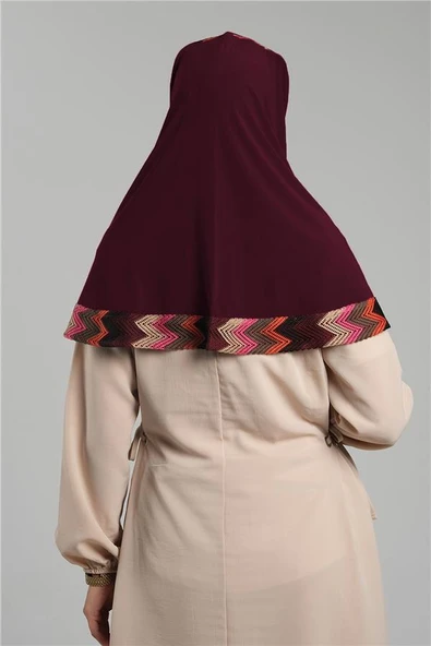 Bordo Pratik Hazır Geçmeli Tesettür Eşarp Sandy Renkli Desenli Fileli 2401_16 - Resim 3