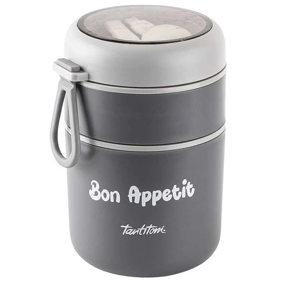 TANTİTONİ 2 KATLI FÜME-GRİ PLASTİK KAŞIKLI YEMEK TAŞIMA KABI 710 ML