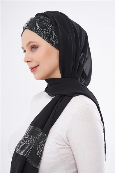 Gri Taşlı Arkadan Bağlamalı Şal Şifon Çiçek Desenli 2319_15 - Resim 2