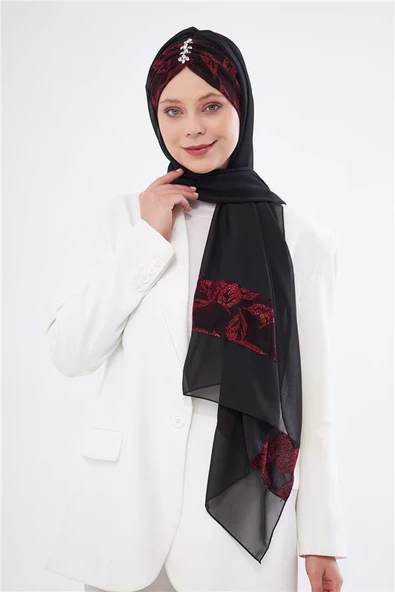 Bordo Taşlı Arkadan Bağlamalı Şal Şifon Çiçek Desenli 2319_16 - Resim 2