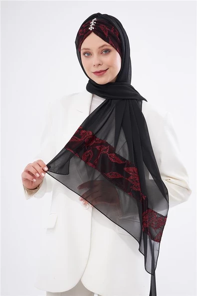 Bordo Taşlı Arkadan Bağlamalı Şal Şifon Çiçek Desenli 2319_16 - Resim 5