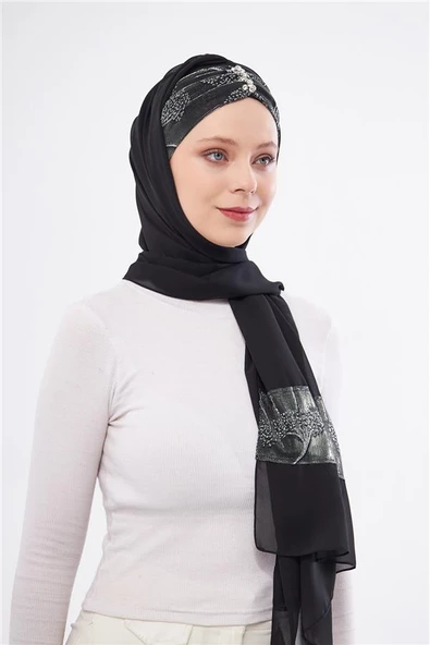 Gri Taşlı Arkadan Bağlamalı Şal Şifon Çiçek Desenli 2319_15 - Resim 5