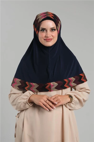 Lacivert Pratik Hazır Geçmeli Tesettür Eşarp Sandy Renkli Desenli Fileli 2401_02 ürün görseli 1