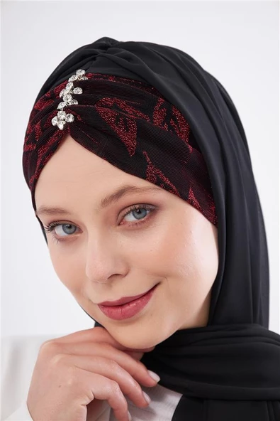 Bordo Taşlı Arkadan Bağlamalı Şal Şifon Çiçek Desenli 2319_16 - Resim 3