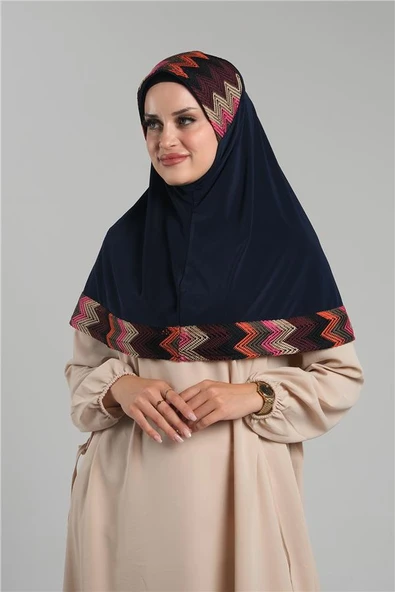 Lacivert Pratik Hazır Geçmeli Tesettür Eşarp Sandy Renkli Desenli Fileli 2401_02 - Resim 2