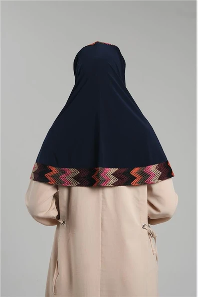 Lacivert Pratik Hazır Geçmeli Tesettür Eşarp Sandy Renkli Desenli Fileli 2401_02 - Resim 3