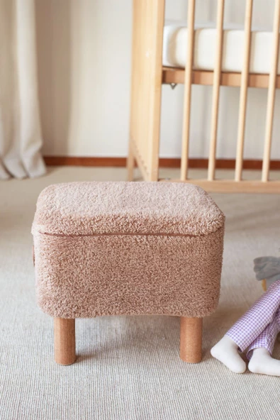 Yıkanabilir Kılıflı Tabure Bebek Çocuk Oyun Koltuğu Sandalye Ahşap Ayaklı Puf Teddy Bej