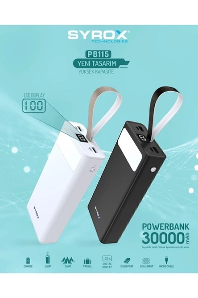 Syrox    Pb115 Powerbank 30000 Mah Led Ekranlı Siyah