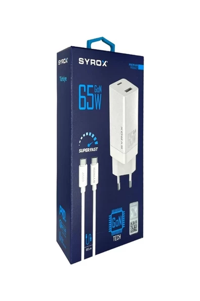 Syrox    Gan65 Type-c & Usb Giriş Başlık & Type-c Kablo 65w Süper Hızlı Quick Şarj Set