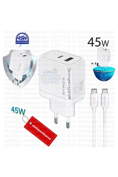 Syrox    Gan45 Type-c & Usb Giriş Başlık & Type-c Kablo 45w Quick Şarj Set Superfast Adapte Usb-a Qc-usb-c Pd