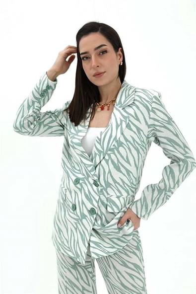 Zebra Desen Oversize Keten Ceket - Mint Yeşili ürün görseli 1