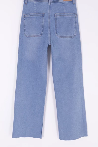 Dekoratif Cep Detaylı Bol Paçalı ve Yüksek Belli Palazzo Kadın Kot Pantolon Açık Mavi Jean - 6