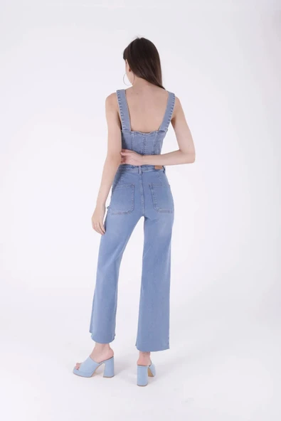 Dekoratif Cep Detaylı Bol Paçalı ve Yüksek Belli Palazzo Kadın Kot Pantolon Açık Mavi Jean - 2