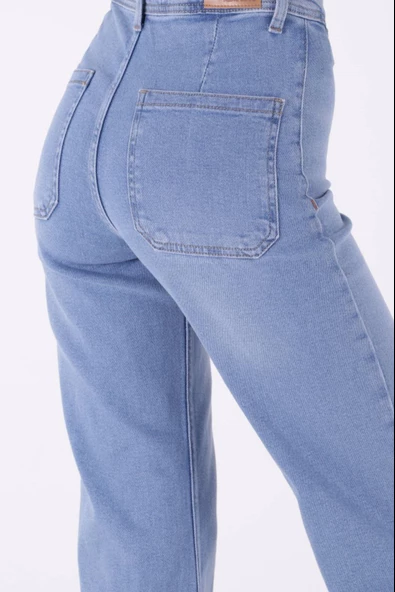 Dekoratif Cep Detaylı Bol Paçalı ve Yüksek Belli Palazzo Kadın Kot Pantolon Açık Mavi Jean - 3