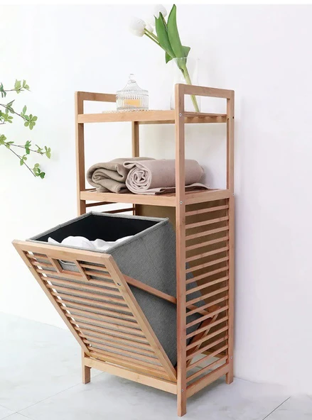 Bambu 2 Raflı Kirli Sepeti Çok Amaçlı Banyo Düzenleyici Organizer Raf