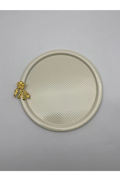2'li Japon Güllü Yuvarlak Krem Çay ve Kahve Sunum Tepsisi, Dekoratif Servis Tepsisi 22cm - 3