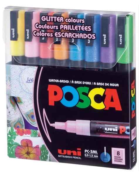 Uni Posca Su Bazlı Marker Seti 8li Simli Renkler 0.9mm 1.3mm PC3ML