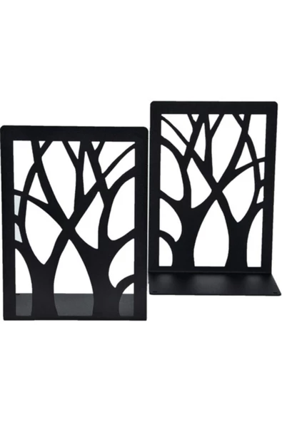 Ağaç Desenli Dekoratif Metal Kitap Desteği & Tutucu - Ev ve Ofis Kütüphane Kitaplık( 2 Li Set) Siyah - 2