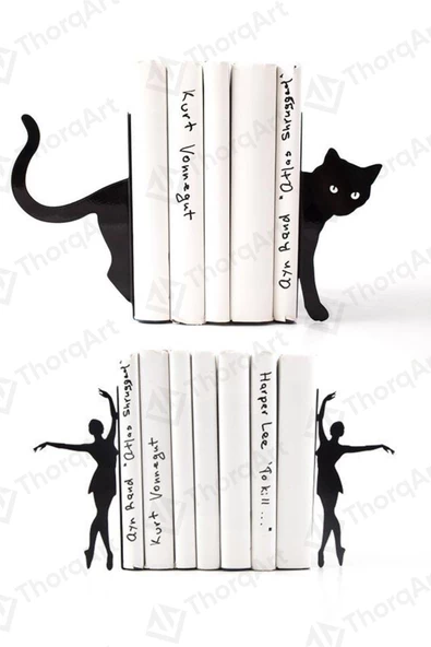 Dekoratif Metal Kitap Tutucu 2'li Set Balerin Kara Kedi Figürlü Kitap Desteği