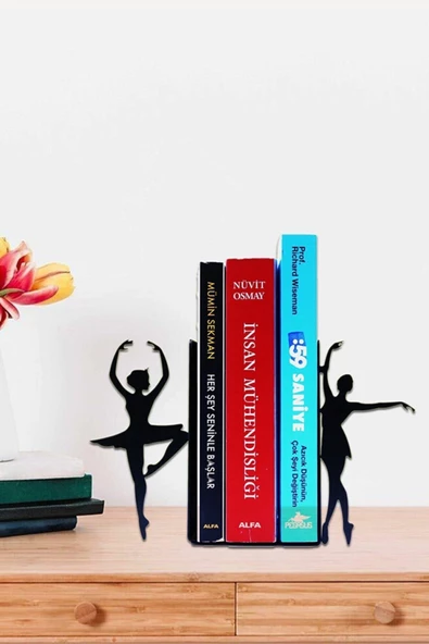 Dekoratif Metal Kitap Tutucu 2'li Set Balerin Kara Kedi Figürlü Kitap Desteği - 4