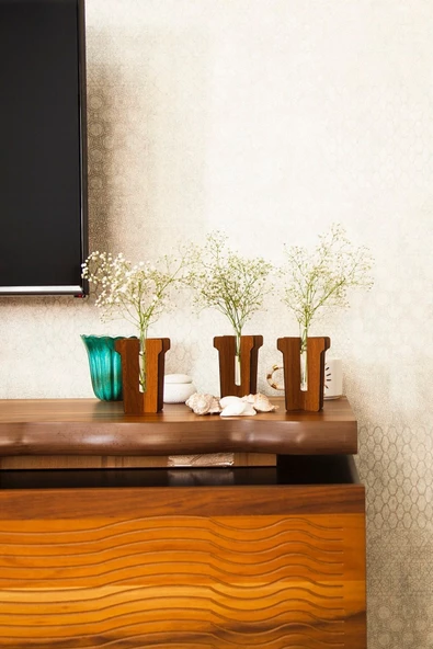 Saksı Desenli 3'lü Dekoratif Ahşap Vazo, Oturma Odası, Salon, Ofis Süs Eşyası - 4