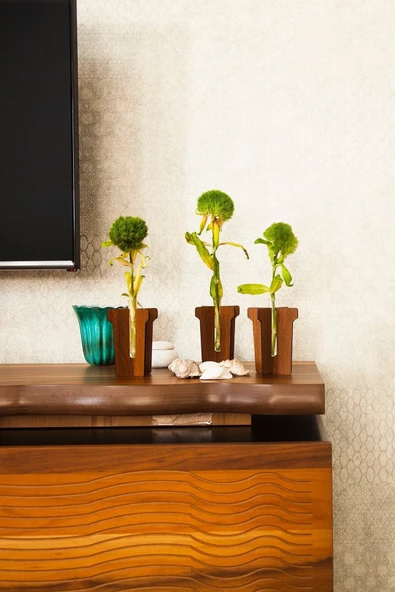 Saksı Desenli 3'lü Dekoratif Ahşap Vazo, Oturma Odası, Salon, Ofis Süs Eşyası - 3
