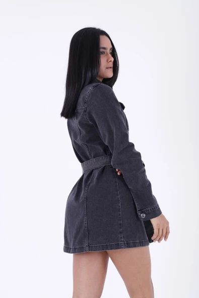 Kuşaklı ve Çıtçıtlı Uzun Kollu Gömlek Yakalı Kadın Rahat Kot Elbise Kar Yıkama Antrasit Dört Mevsim - 2