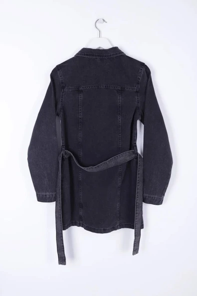 Kuşaklı ve Çıtçıtlı Uzun Kollu Gömlek Yakalı Kadın Rahat Kot Elbise Kar Yıkama Antrasit Dört Mevsim - 6