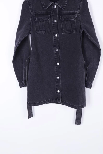 Kuşaklı ve Çıtçıtlı Uzun Kollu Gömlek Yakalı Kadın Rahat Kot Elbise Kar Yıkama Antrasit Dört Mevsim - 5