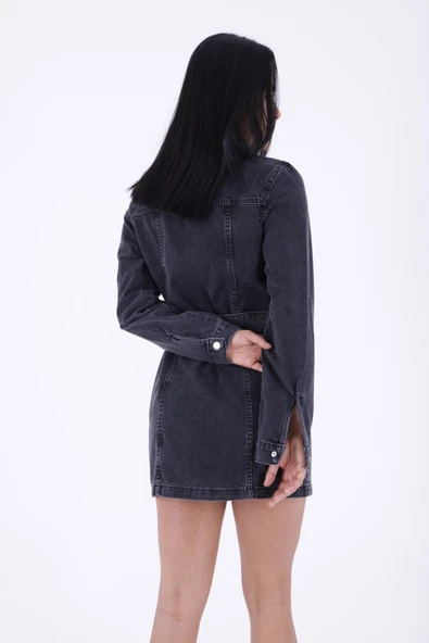 Kuşaklı ve Çıtçıtlı Uzun Kollu Gömlek Yakalı Kadın Rahat Kot Elbise Kar Yıkama Antrasit Dört Mevsim - 4