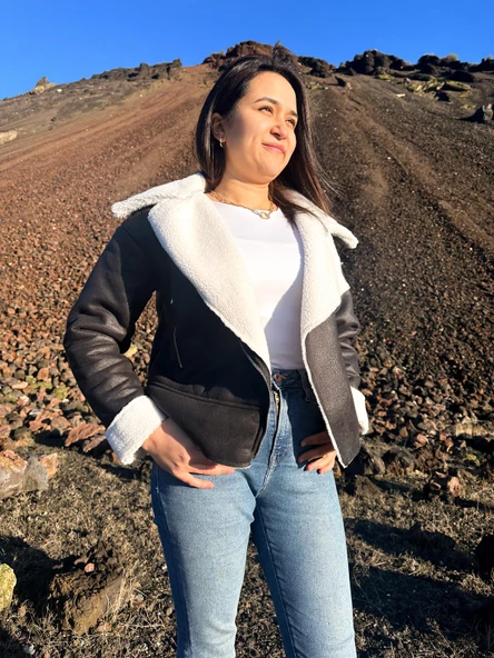İçi Suni Kürklü Suni Süet Crop Biker Ceket - 3