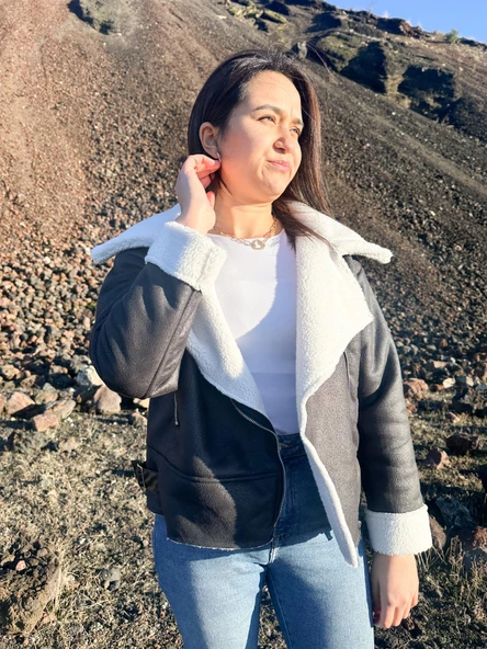İçi Suni Kürklü Suni Süet Crop Biker Ceket - 6