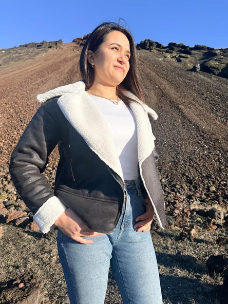 İçi Suni Kürklü Suni Süet Crop Biker Ceket - 5